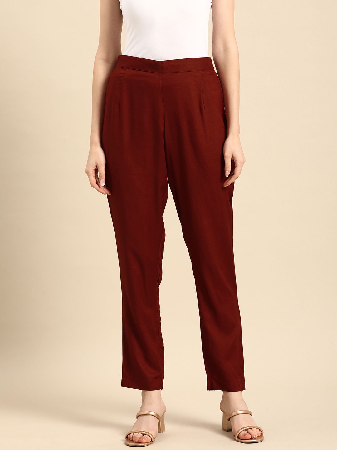 Anouk Women Maroon Solid Casual Trousers Price in India