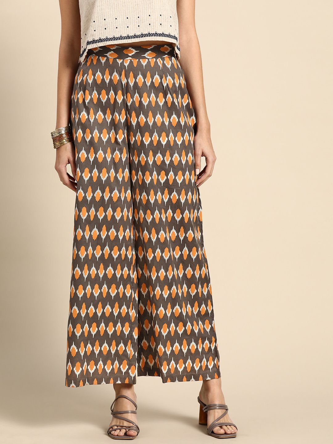 Anouk Women Charcoal Grey & Orange Pure Cotton Ethnic Motifs Printed Wide Leg Palazzos Price in India