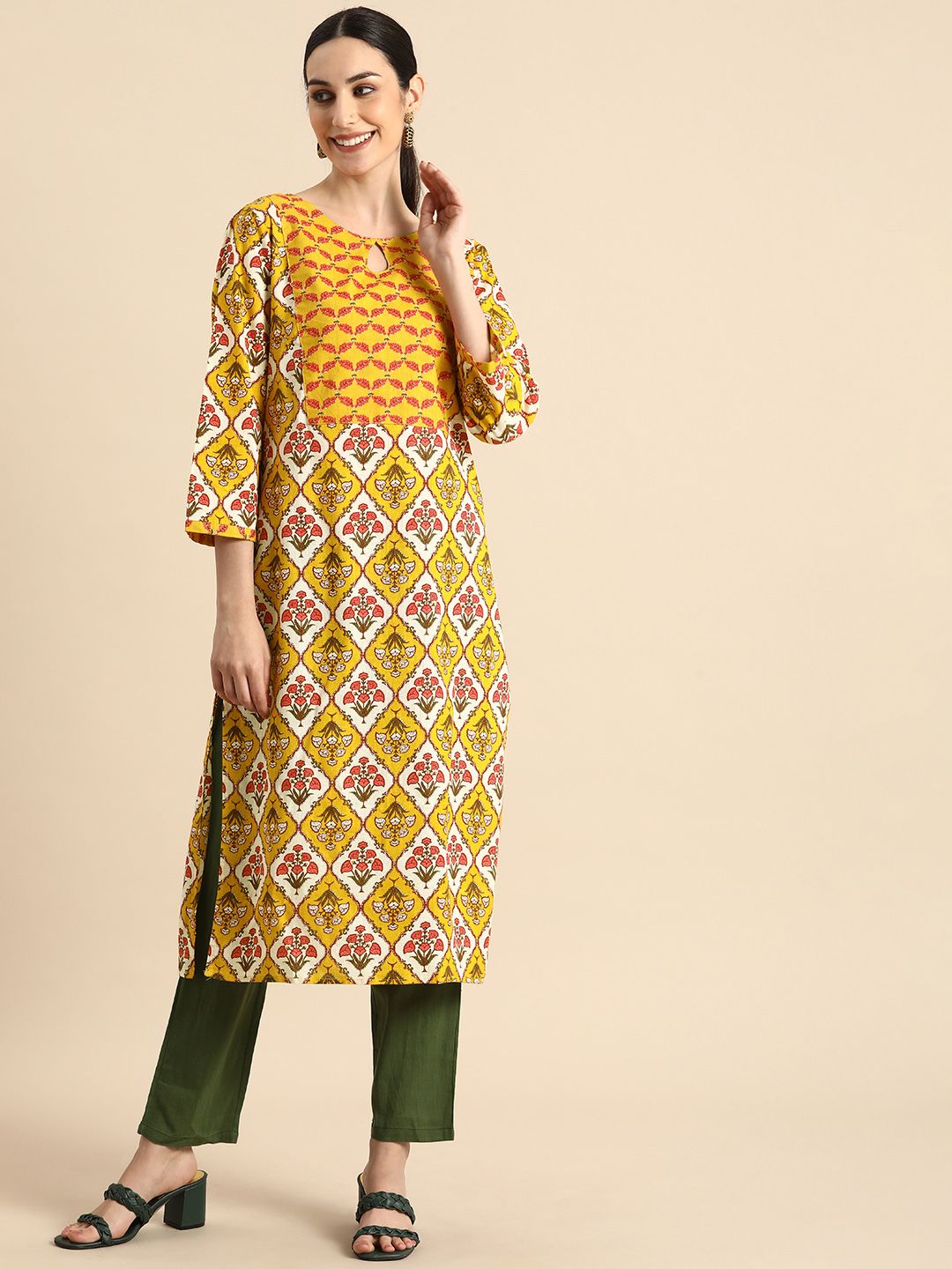 Anouk Women Mustard Yellow Ethnic Motifs Printed Keyhole Neck Kurta Price in India