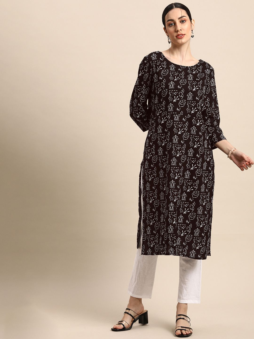 Anouk Women Black & Off White Ethnic Motifs Printed Straight Kurta Price in India