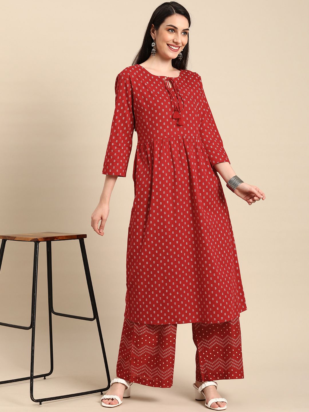 Anouk Women Red & White Printed Panelled Pure Cotton Kurta with Palazzos Price in India