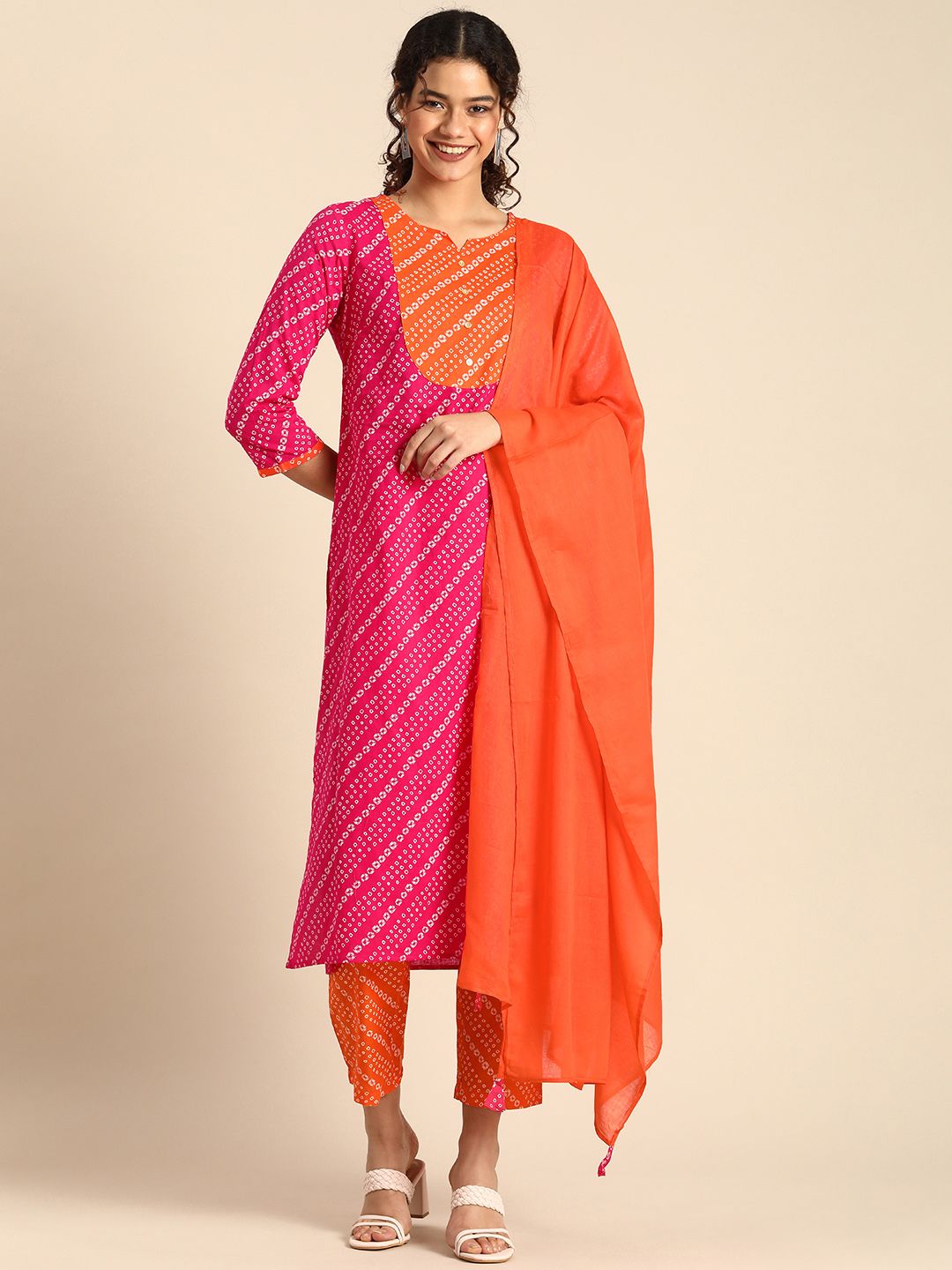 Anouk Women Pink & Orange Bandhani Printed Pure Cotton Kurta with Trousers & Dupatta Price in India