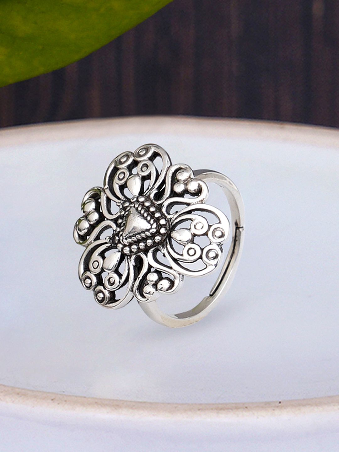 KUNUZ Silver-Toned & Silver-Plated Oxidised Finger Ring Price in India