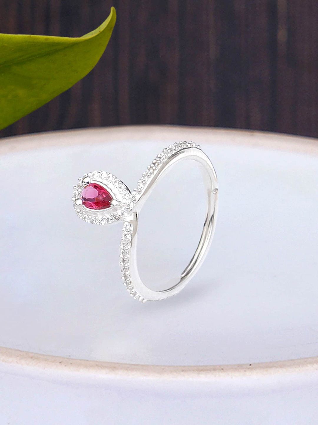 KUNUZ Silver-Plated Red & White CZ-Studded Finger Ring Price in India