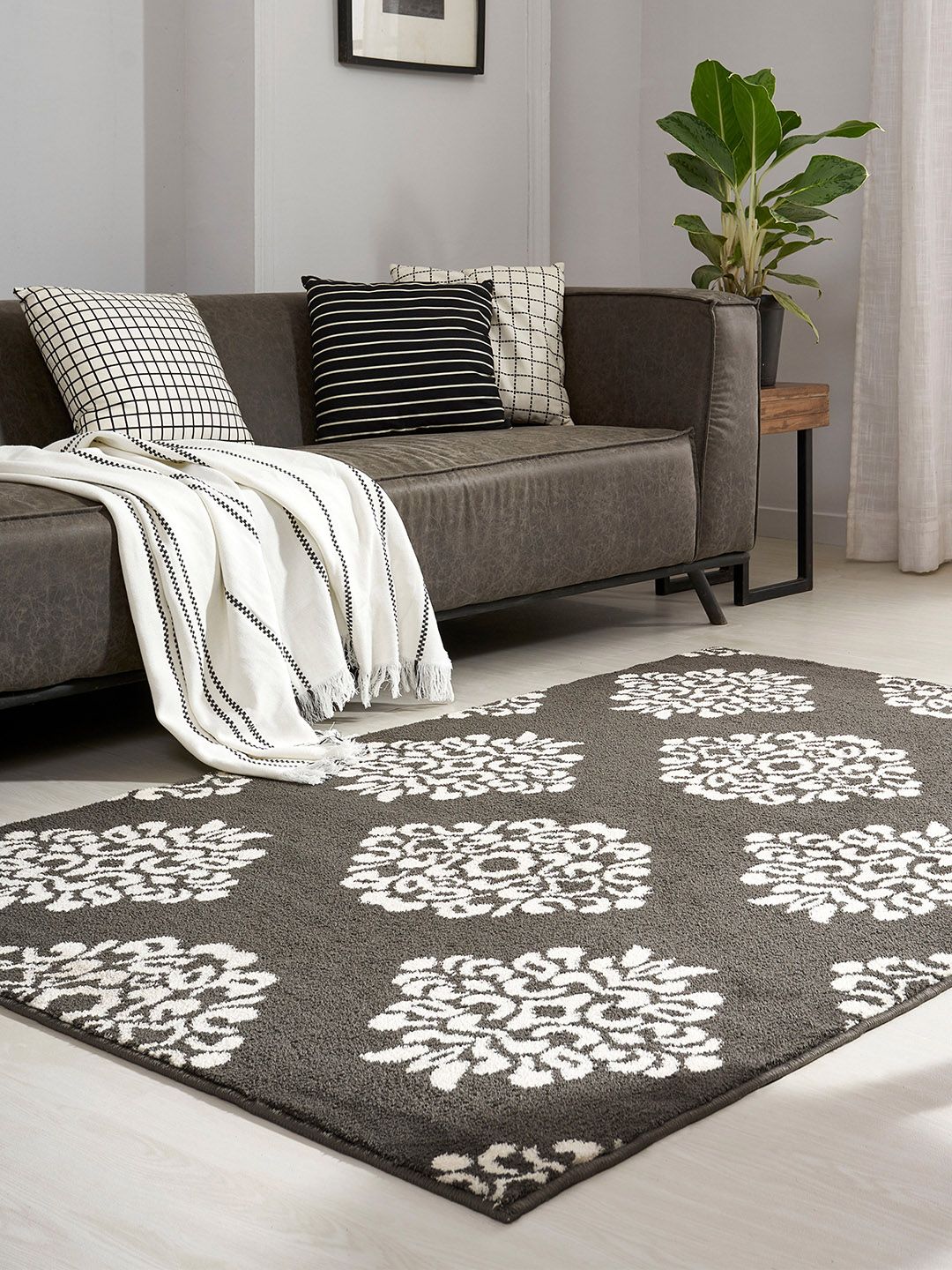 Trident Charcoal Grey & White Ethnic Motif Carpet Rug Price in India