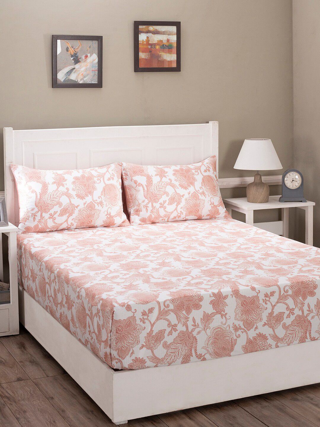 MASPAR Red & White Floral 210 TC King Bedsheet with 2 Pillow Covers Price in India