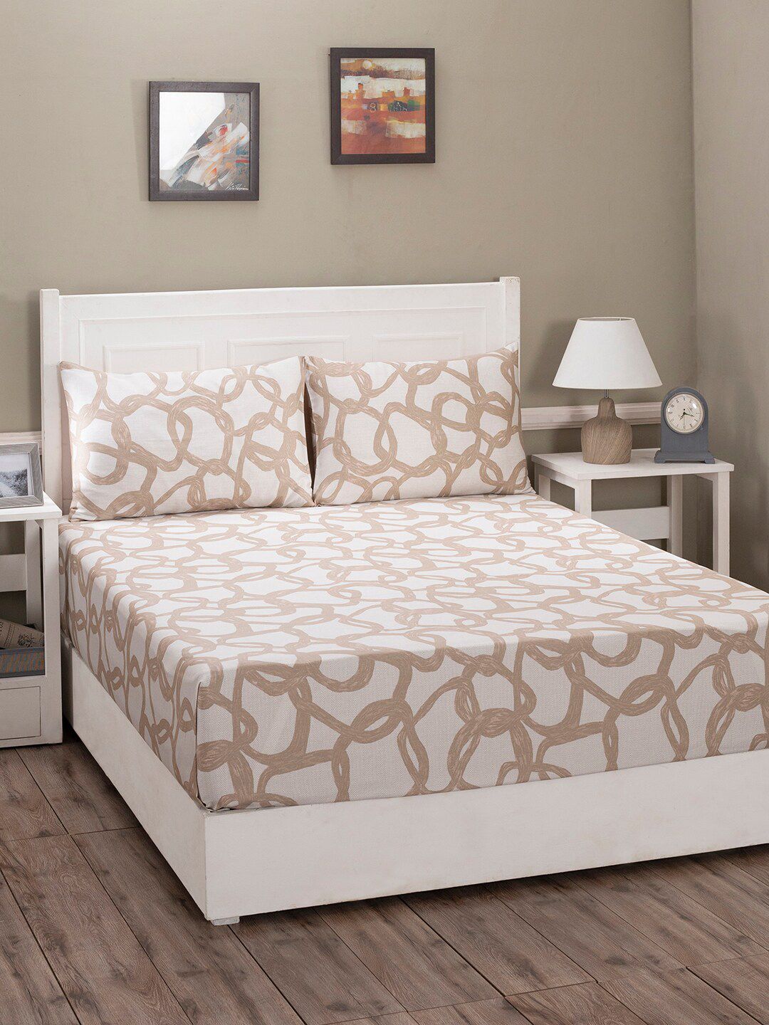 MASPAR Pink & Cream Abstract Printed 210 TC 1 King Bedsheet with 2 Pillow Covers Price in India