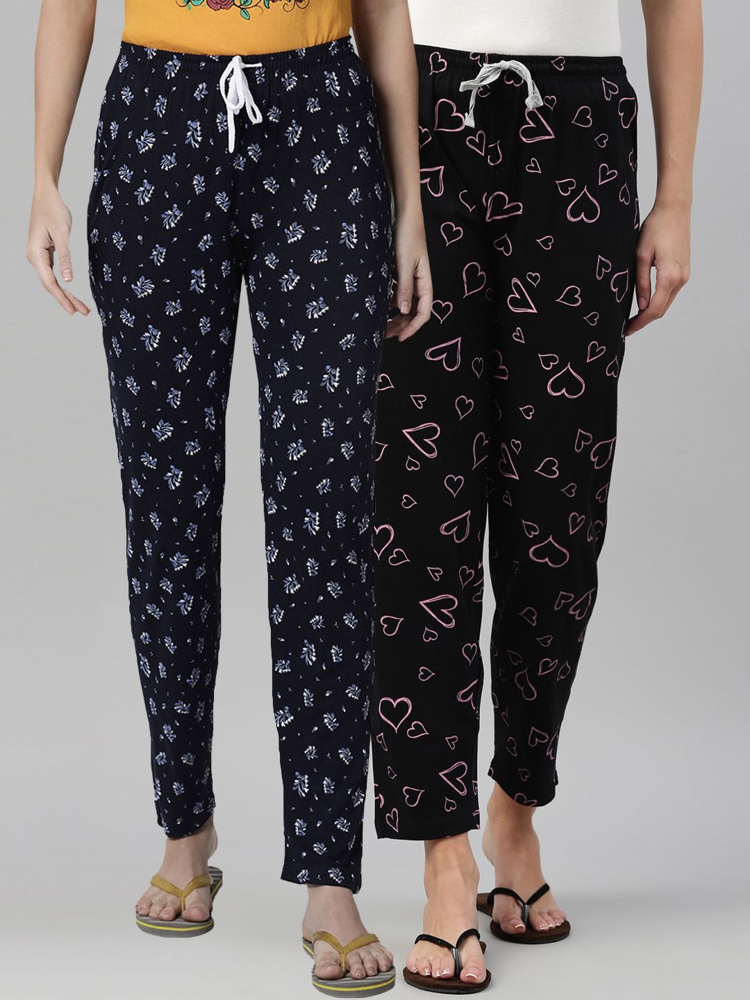 Kryptic Women Pack of 2 Black & Blue Printed Mid Rise Cotton Lounge Pants Price in India