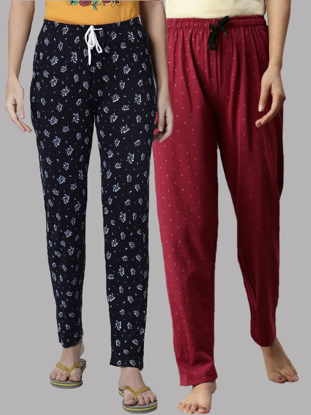 Kryptic Women Navy Blue & Maroon Pack Of 2 Printed Pure Cotton Lounge Pants Price in India