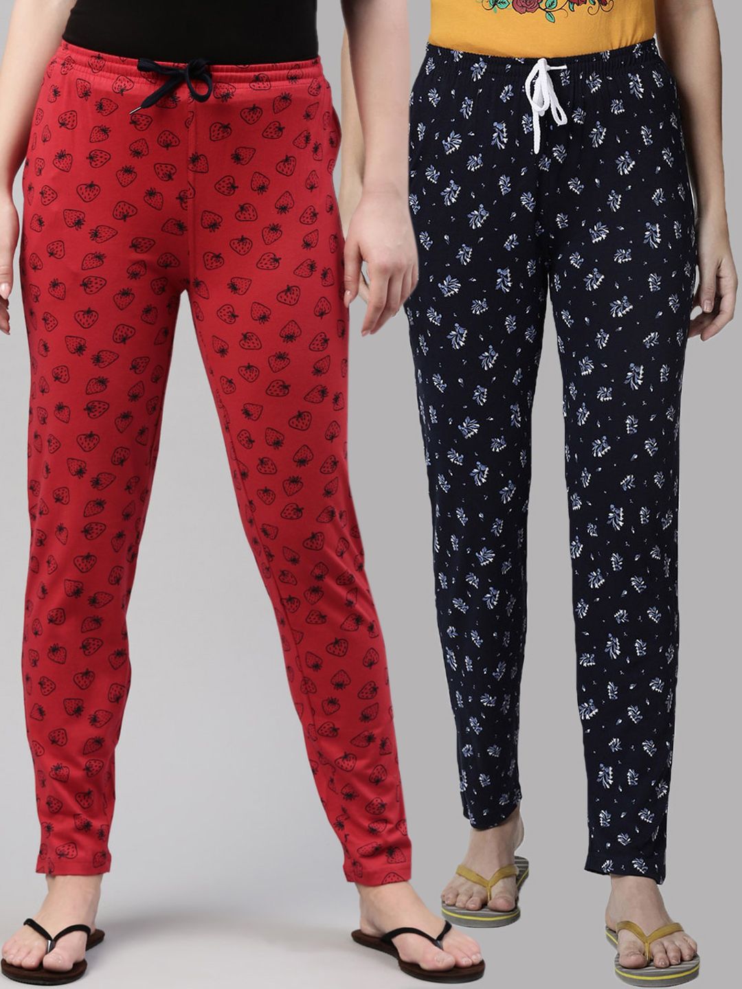 Kryptic Women Navy Blue & Red Pack Of 2 Printed Pure Cotton Lounge Pants Price in India