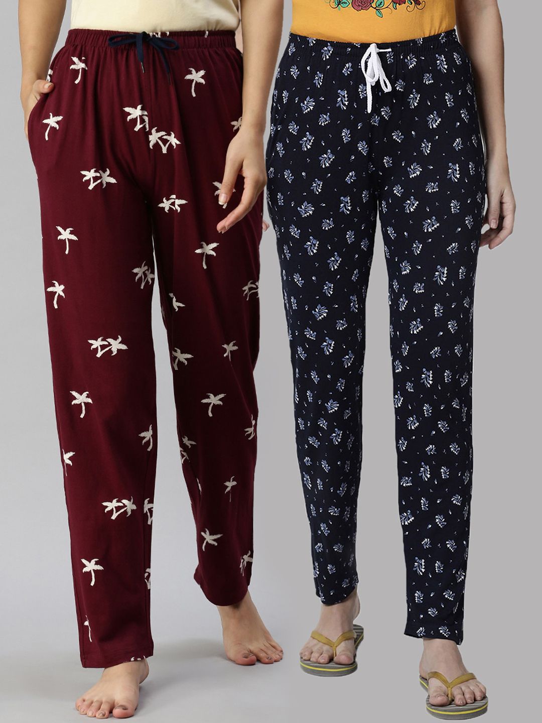 Kryptic Women Pack of 2 Maroon & Navy Blue Printed Mid Rise Cotton Lounge Pants Price in India