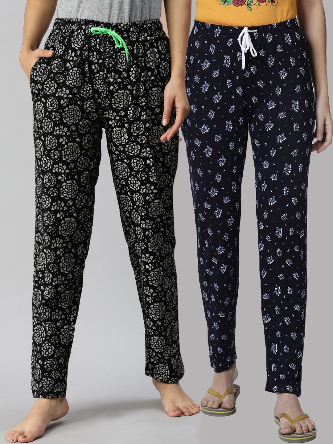 Kryptic Women Pack of 2 Navy Blue & Black Printed Cotton Lounge Pants Price in India