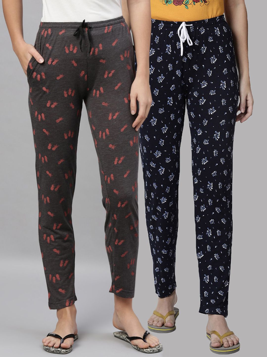 Kryptic Women Navy Blue & Charcoal Grey Pack Of 2 Printed Pure Cotton Lounge Pants Price in India