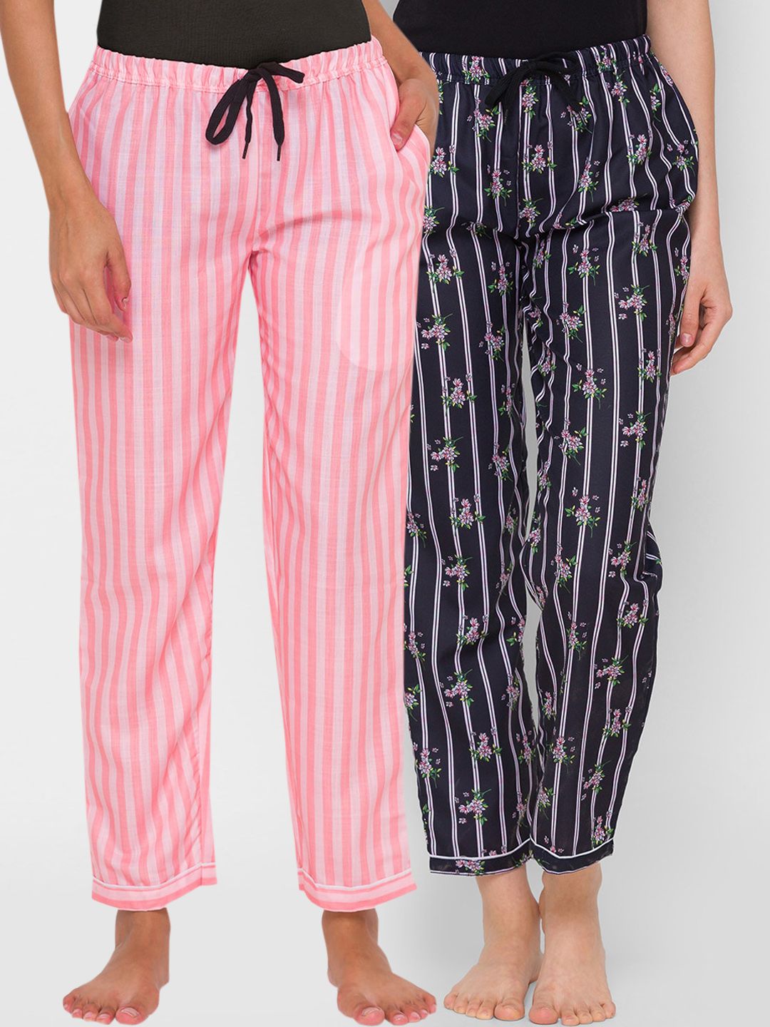 FashionRack Women Pack Of 2 Black & Pink Striped Regular Fit Cotton Lounge Pants Price in India