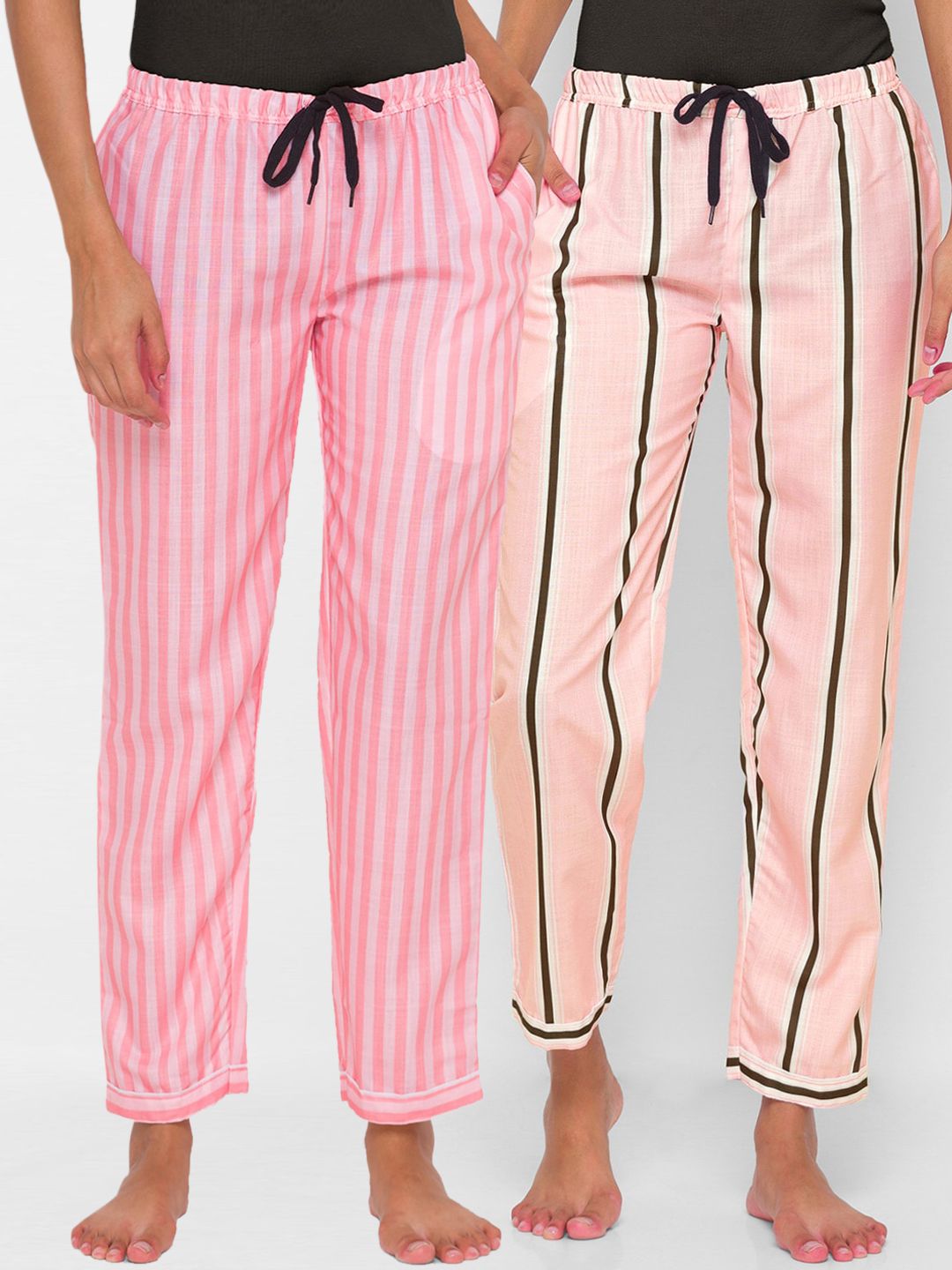 FashionRack Women Pack Of 2 Pink Striped Regular Fit Cotton Lounge Pants Price in India