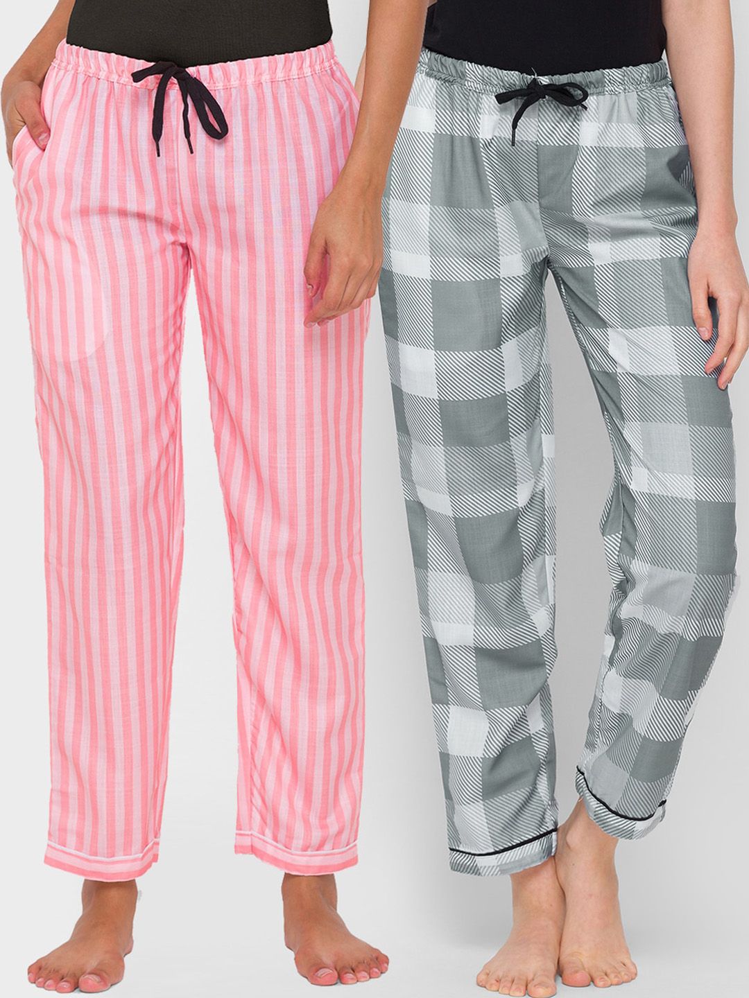 FashionRack Woman Pack of 2 Pink & Grey 100% Cotton Striped Lounge Pants Price in India