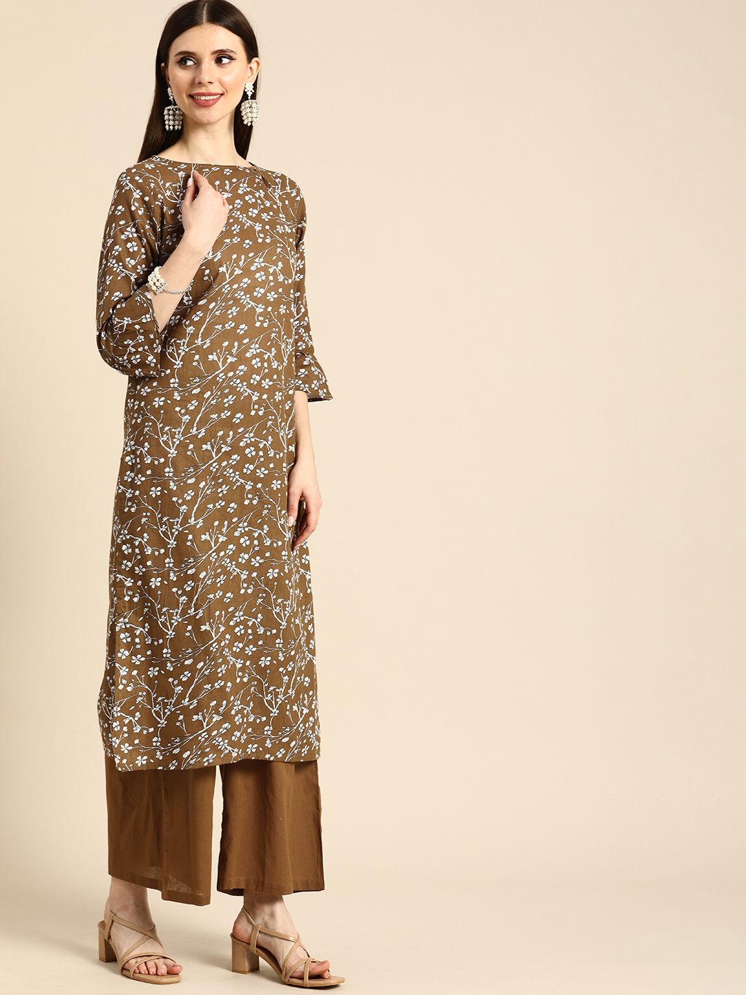 Anouk Women Brown  & White Floral Printed Boat Neck Pure Cotton Kurta with Palazzos Price in India