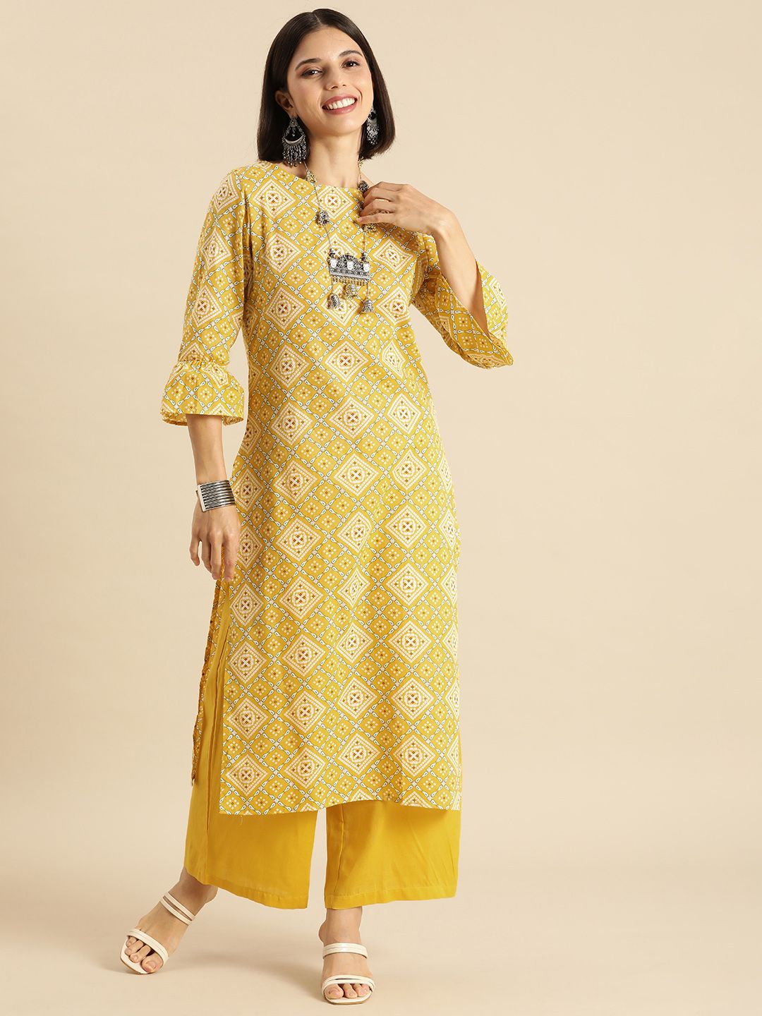 Anouk Women Yellow & White Bandhani Printed Pure Cotton Kurta Set Price in India