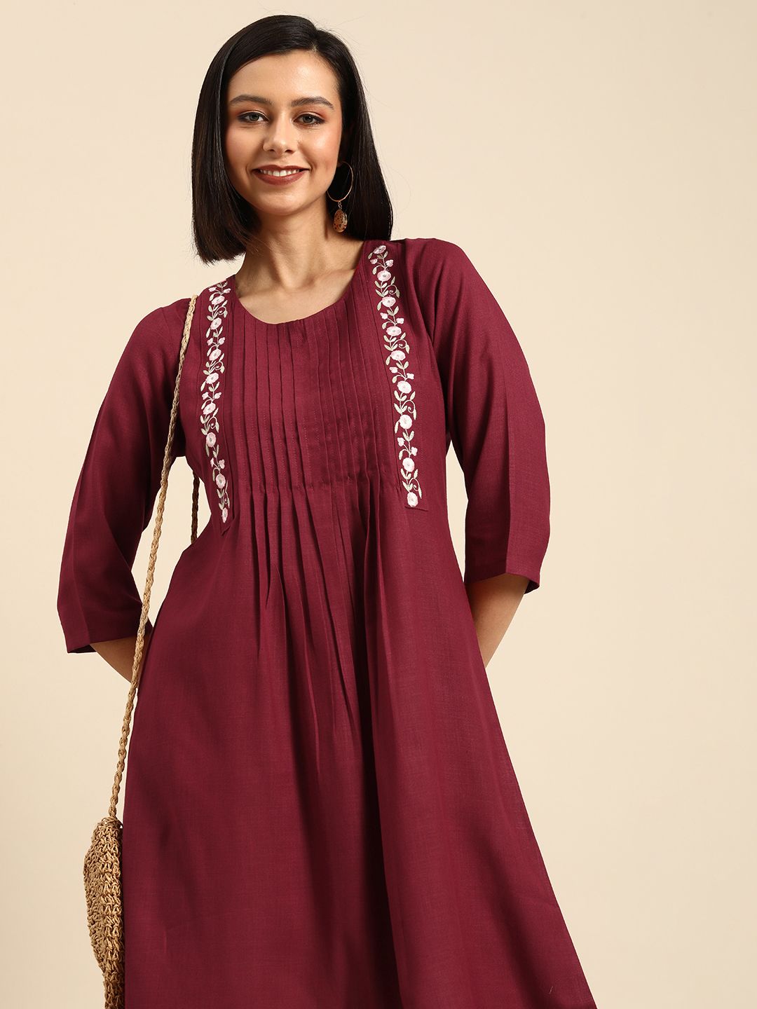 Anouk Women Maroon Floral Embroidered Pleated Kurta Price in India