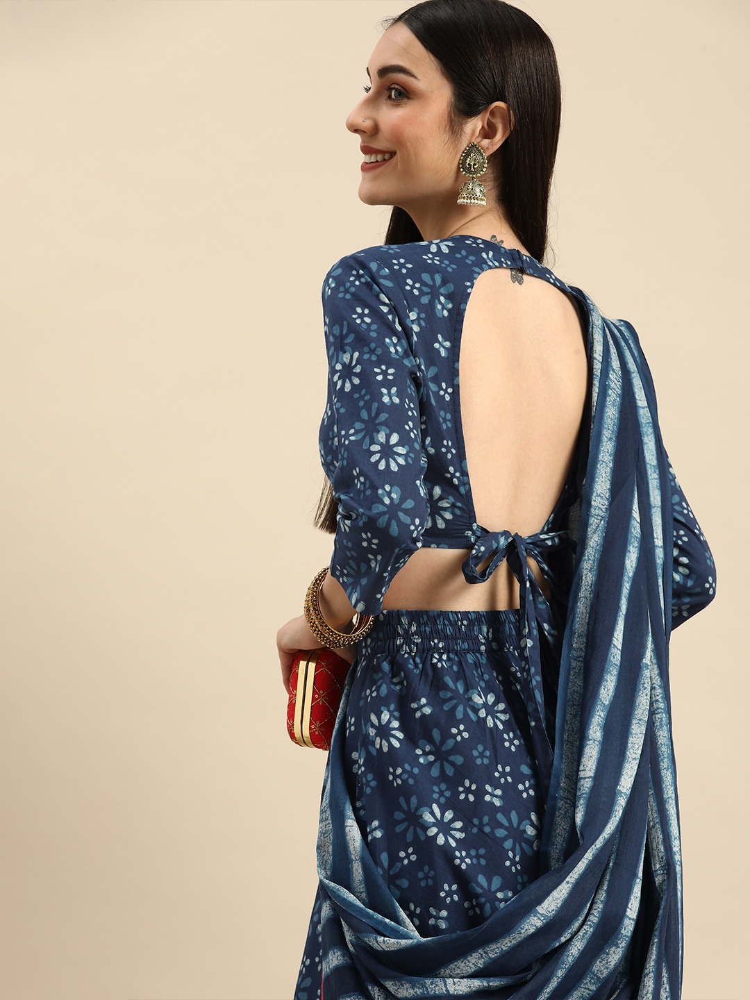 Anouk Blue & White Embellished Shibori Ready to Wear Lehenga & Blouse With Dupatta Price in India