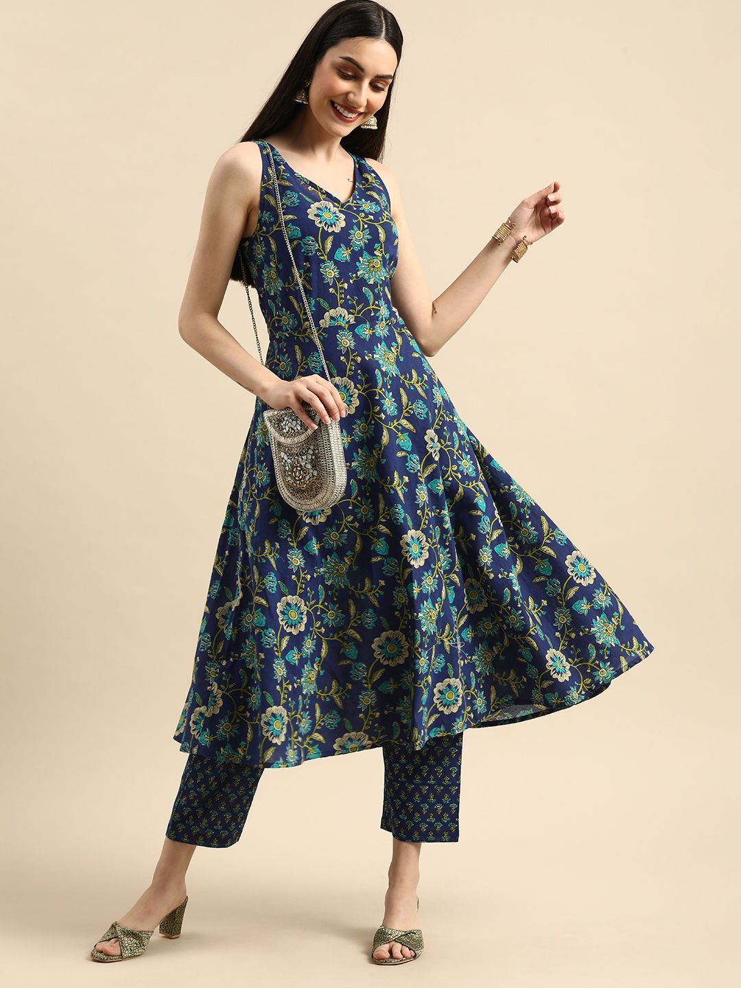 Anouk Women Navy Blue Floral Printed Styled Back Pure Cotton Kurta