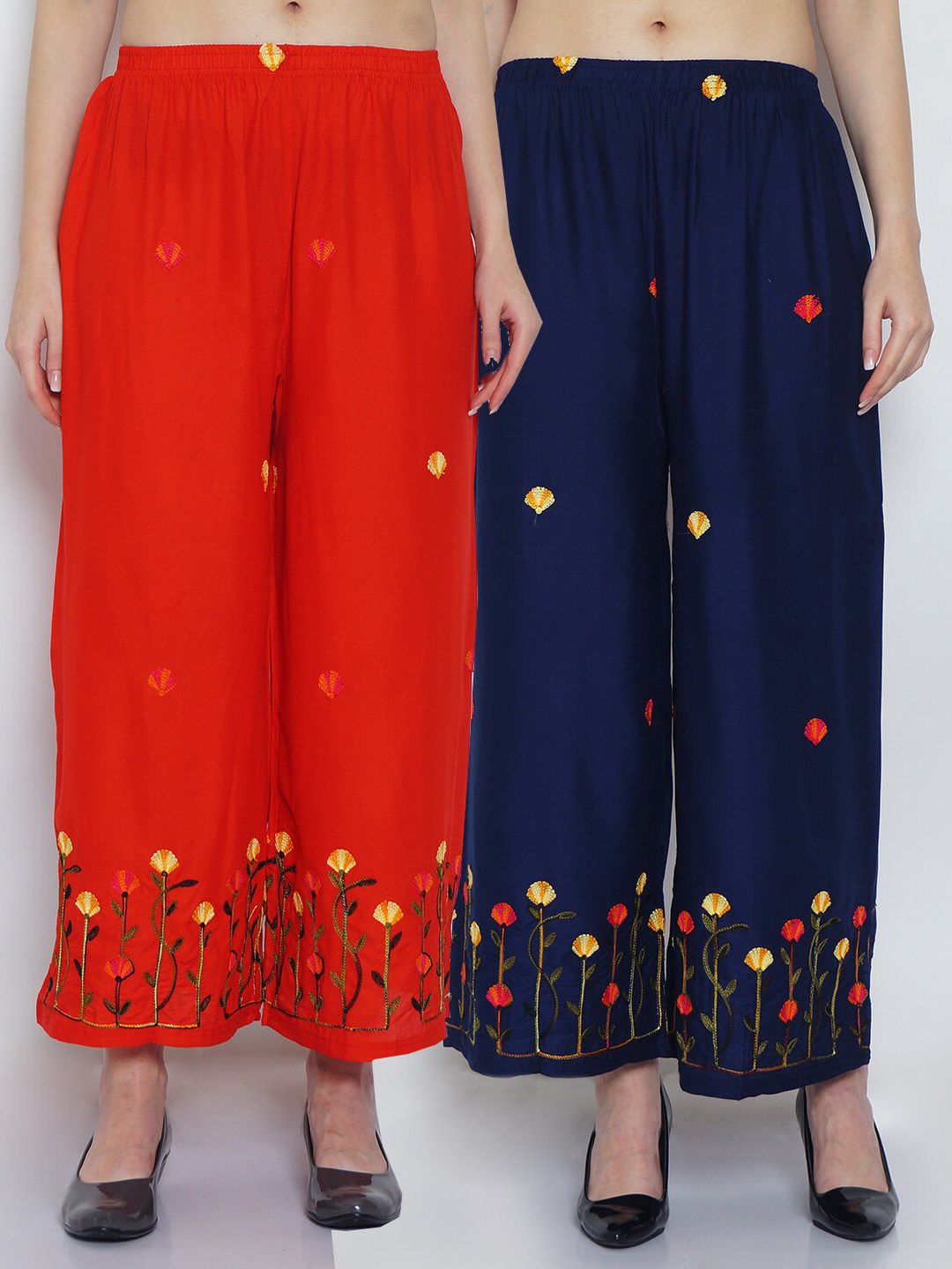 Jinfo Women Pack Of 2 Red & Navy Blue Floral Embroidered Flared Knitted Ethnic Palazzos Price in India