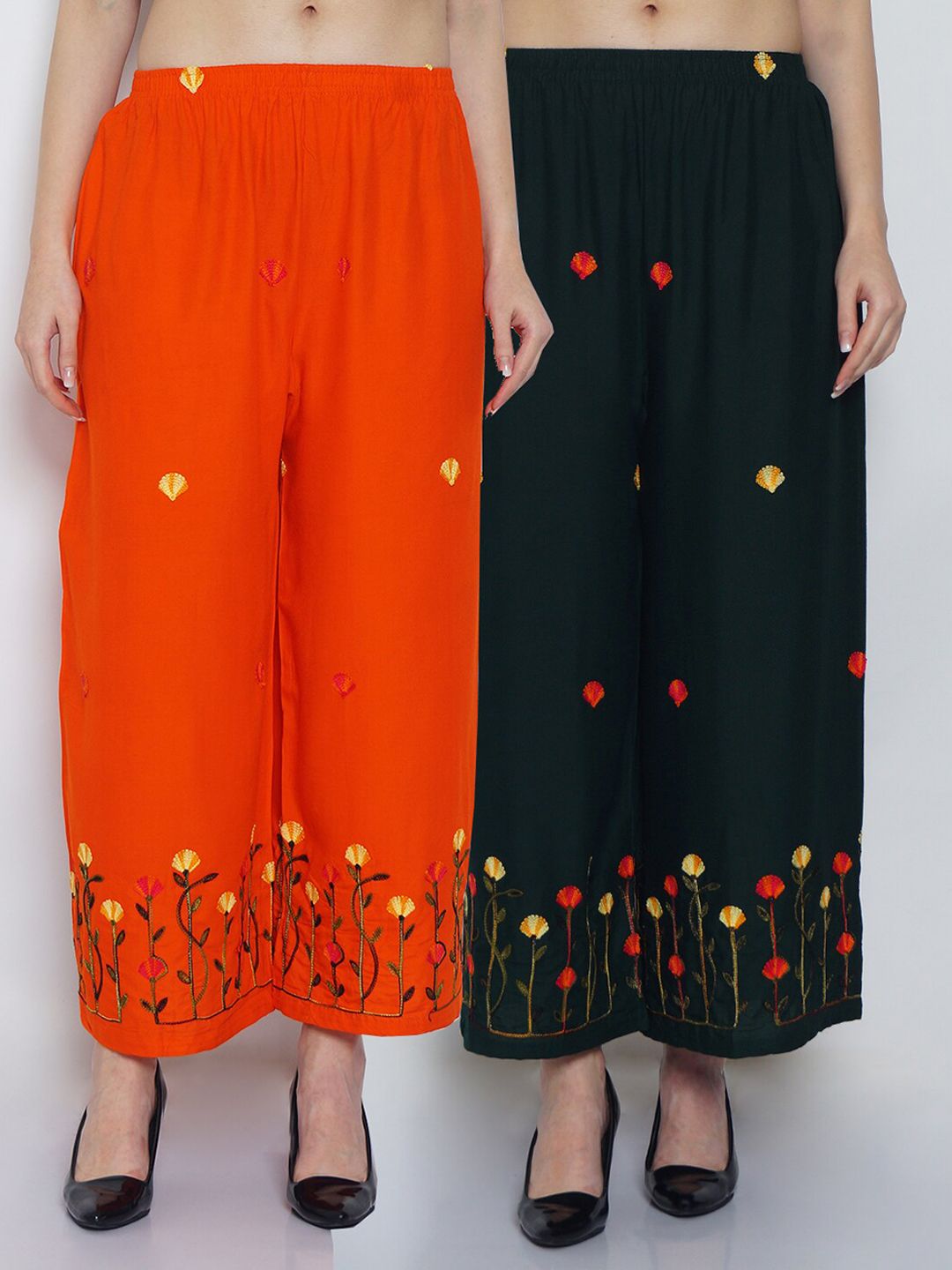 Jinfo Women Pack Of 2 Orange & Green Floral Embroidered Flared Ethnic Palazzos Price in India