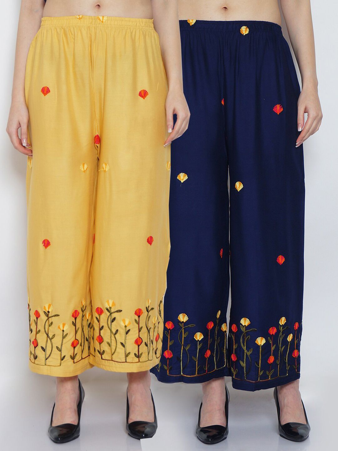 Jinfo Women Pack of 2 Beige & Navy Blue Ethnic Motifs Embroidered Ethnic Palazzos Price in India