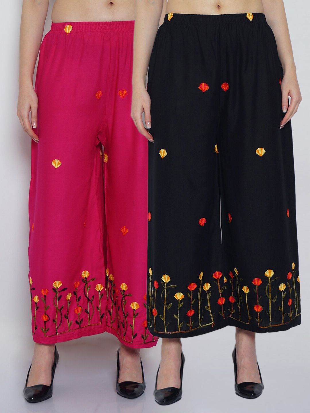 Jinfo Women Black & Fuchsia Set Of 2 Floral Embroidered Flared Knitted Ethnic Palazzos Price in India