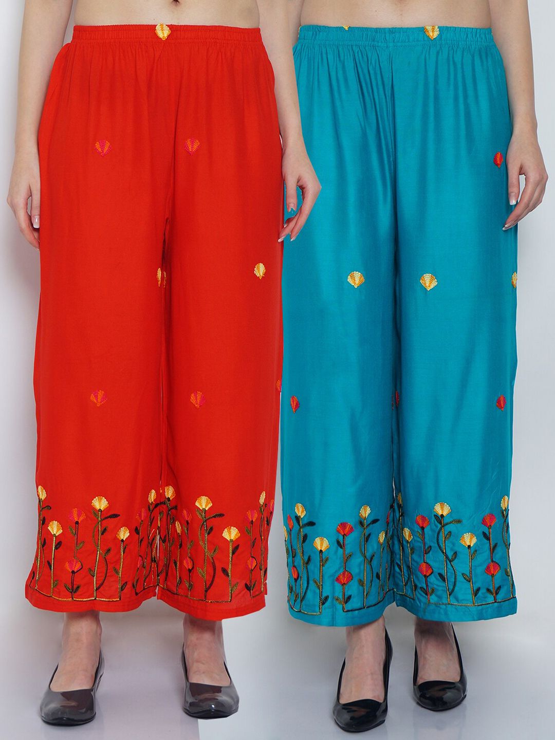 Jinfo Women Pack Of 2 Red & Turquoise Blue Floral Embroidered Knitted Ethnic Palazzos Price in India