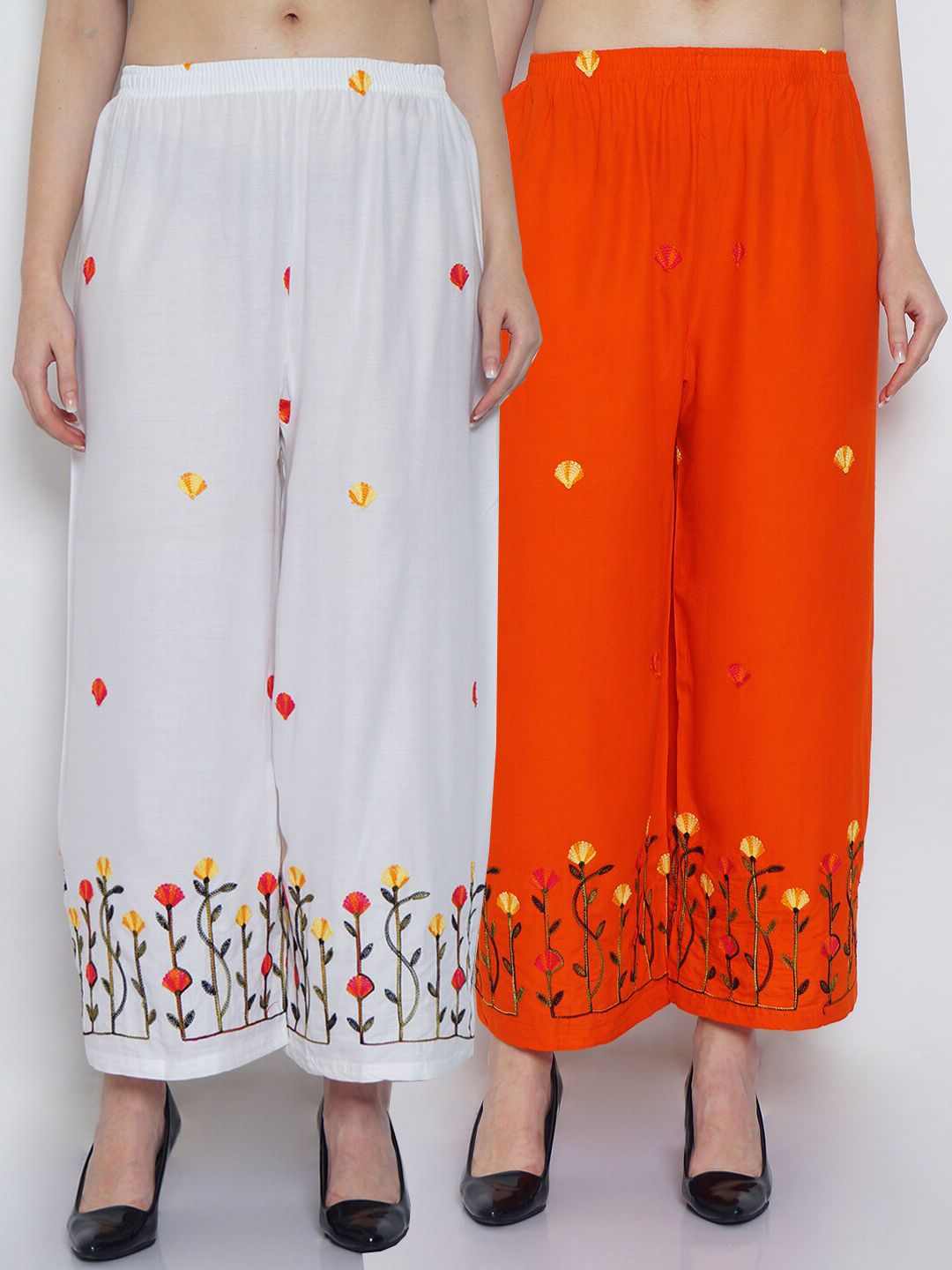 Jinfo Women Pack of 2 White & Orange Ethnic Motifs Embroidered Ethnic Palazzos Price in India