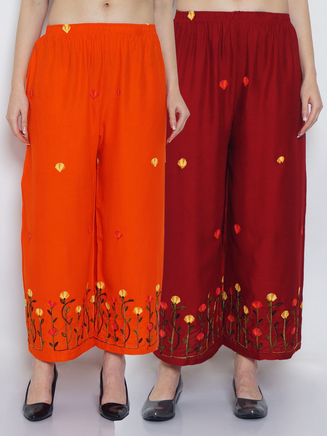 Jinfo Women Pack Of 2 Orange & Maroon Floral Embroidered Flared Knitted Ethnic Palazzos Price in India