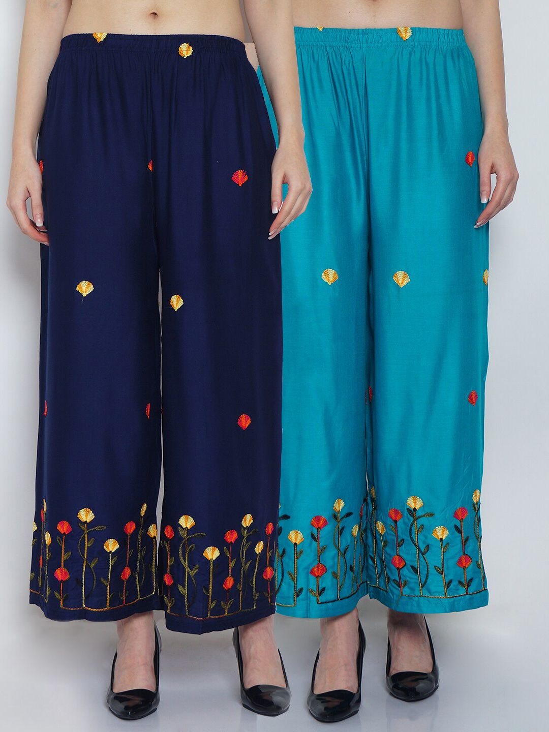 Jinfo Women Navy Blue & Blue 2 Floral Embroidered Flared Knitted Ethnic Palazzos Price in India