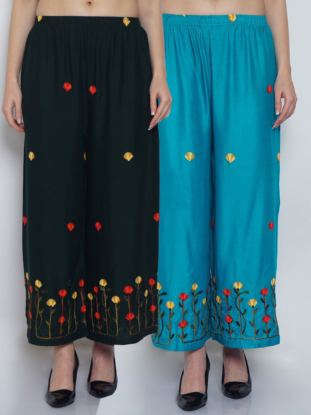 Jinfo Women Pack Of 2 Green & Blue Embroidered Flared Palazzos Price in India