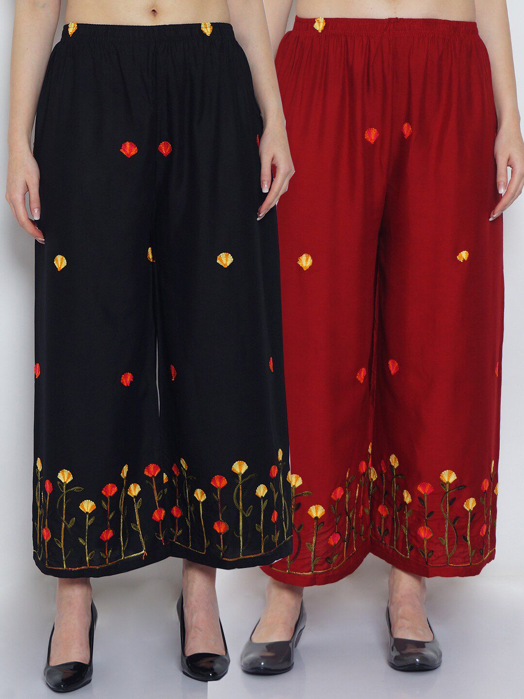 Jinfo Women Pack Of 2 Black & Maroon Floral Embroidered Flared Knitted Ethnic Palazzos Price in India