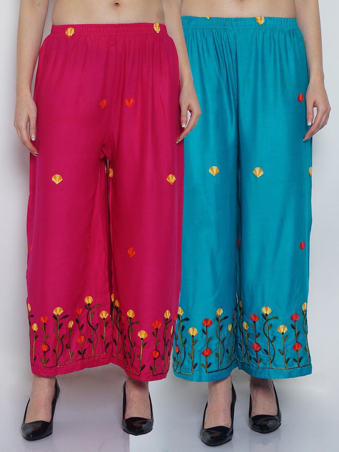 Jinfo Women Pink & Blue 2 Floral Embroidered Flared Knitted Ethnic Palazzos Price in India