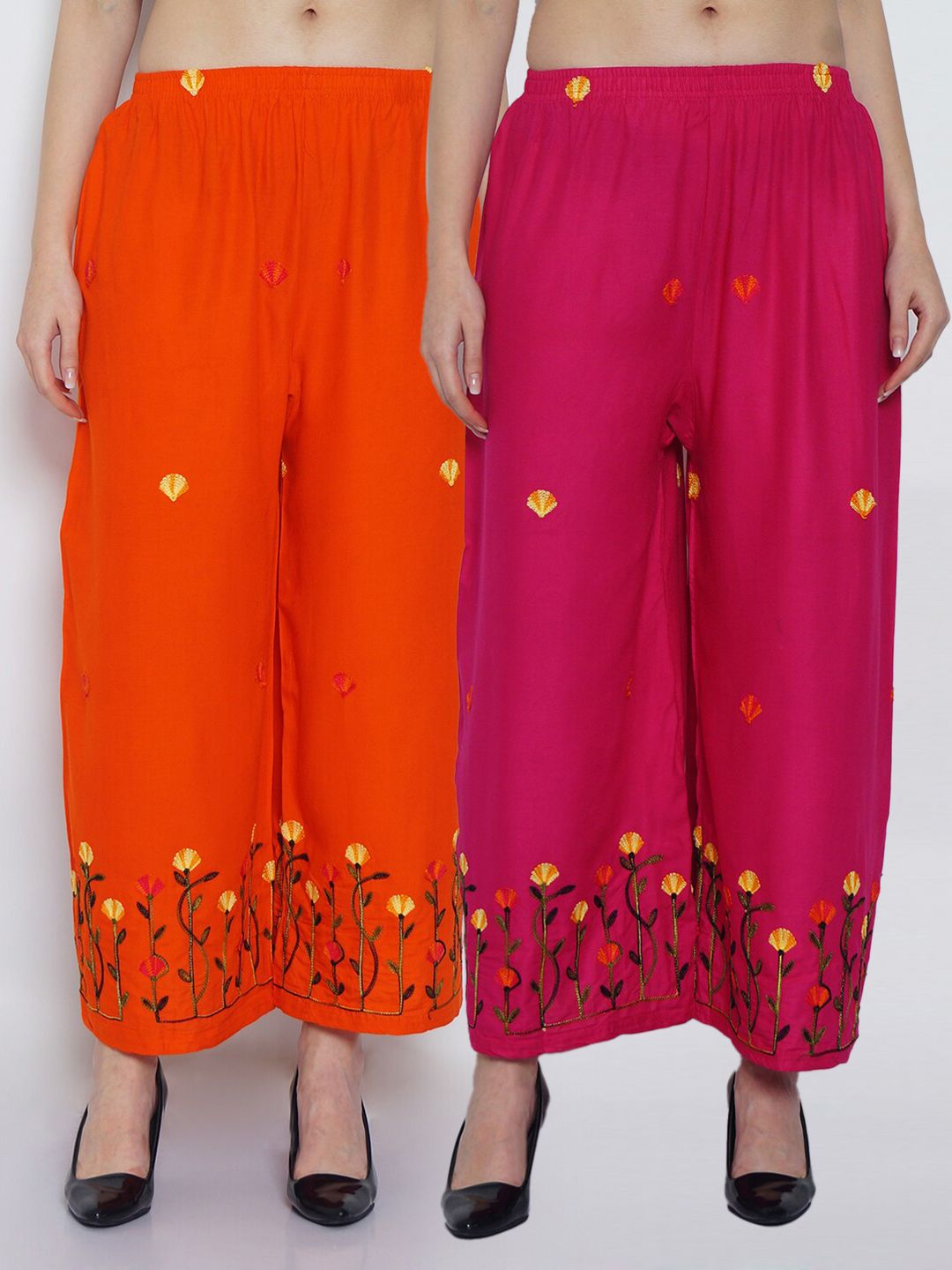 Jinfo Women Pack of 2 Magenta & Orange Ethnic Motifs Embroidered Ethnic Palazzos Price in India