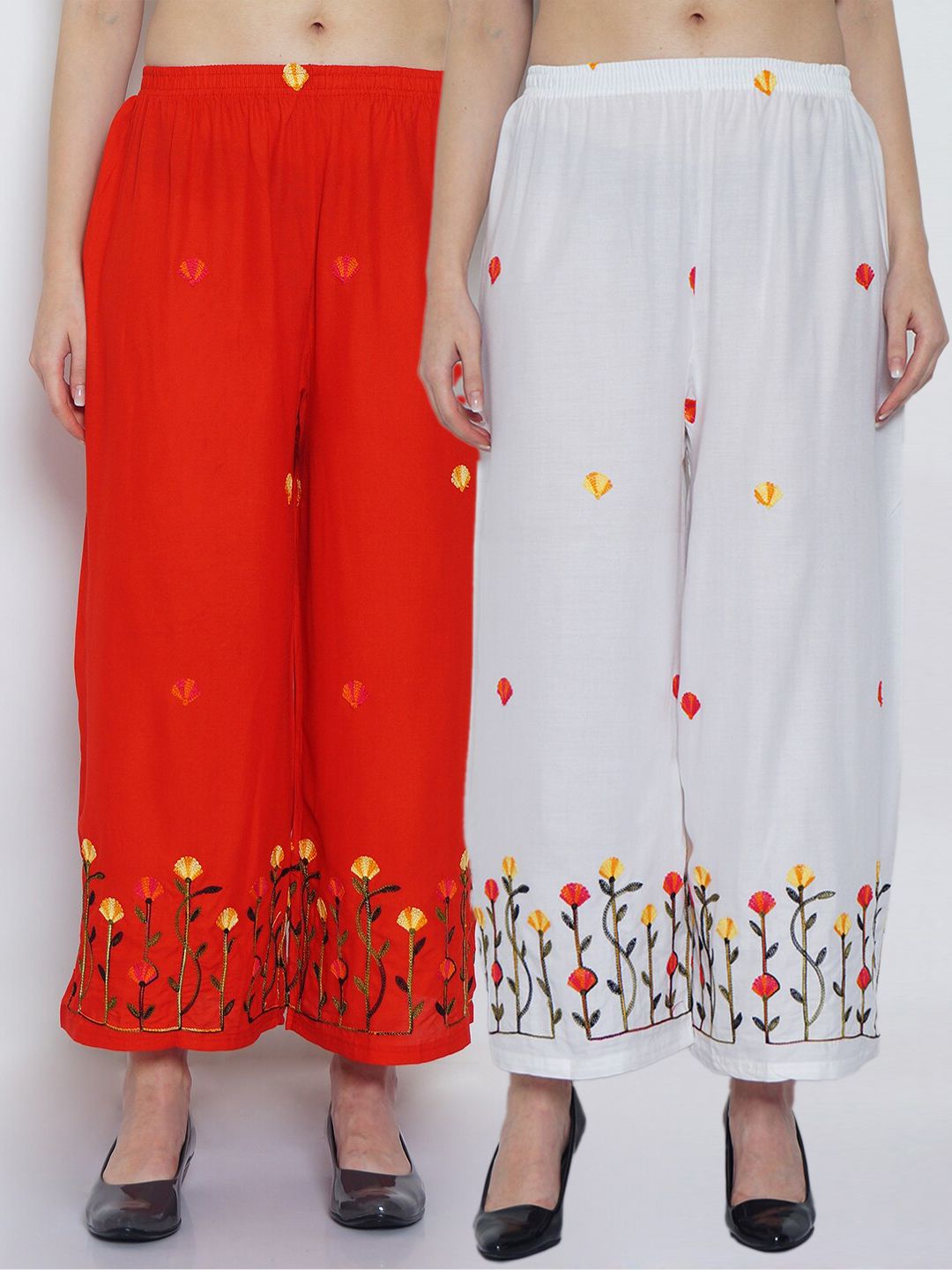 Jinfo Women White & Red 2 Floral Embroidered Flared Knitted Ethnic Palazzos Price in India