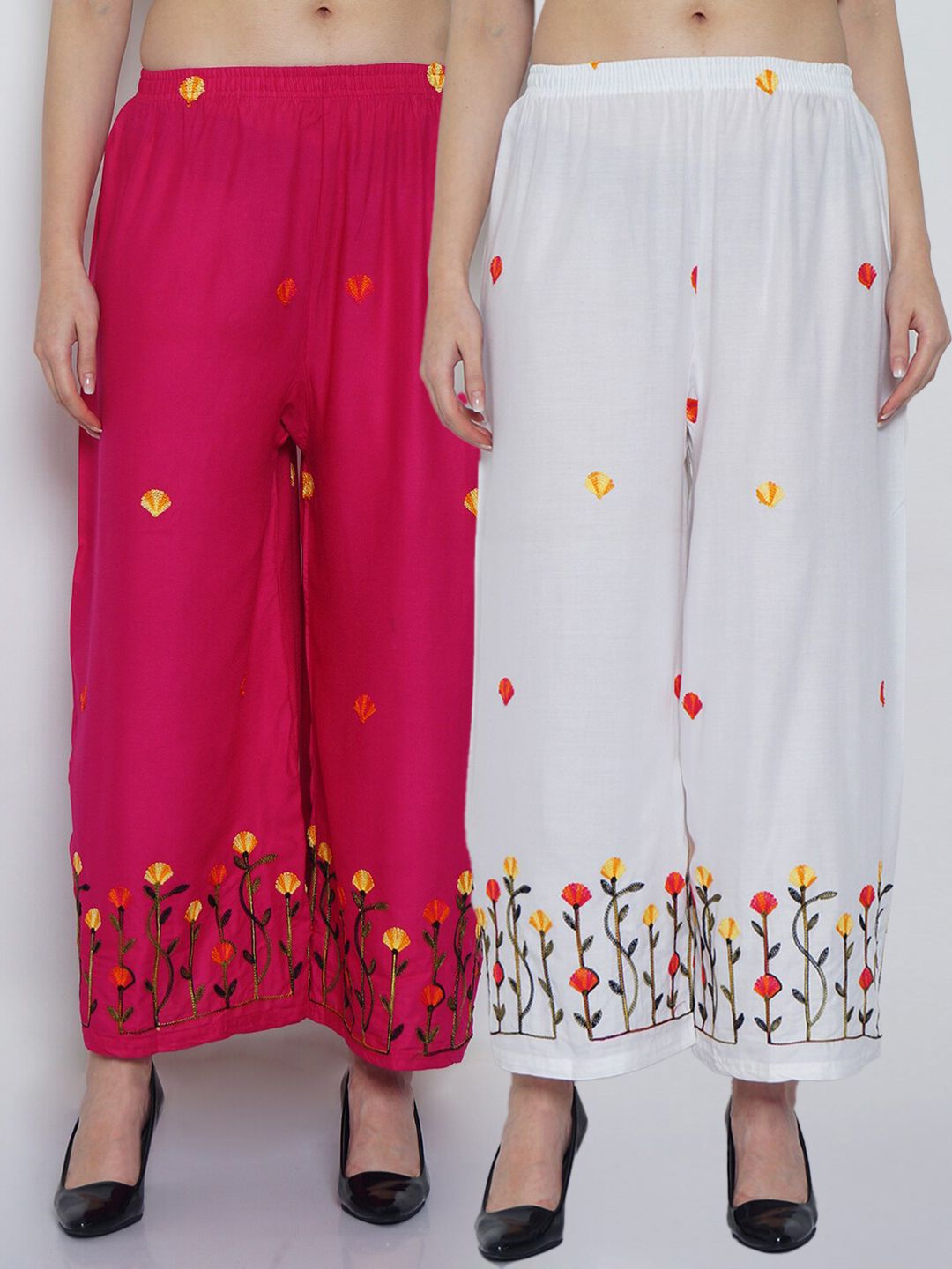 Jinfo Women White & Pink Set Of 2 Floral Embroidered Flared Ethnic Palazzos Price in India