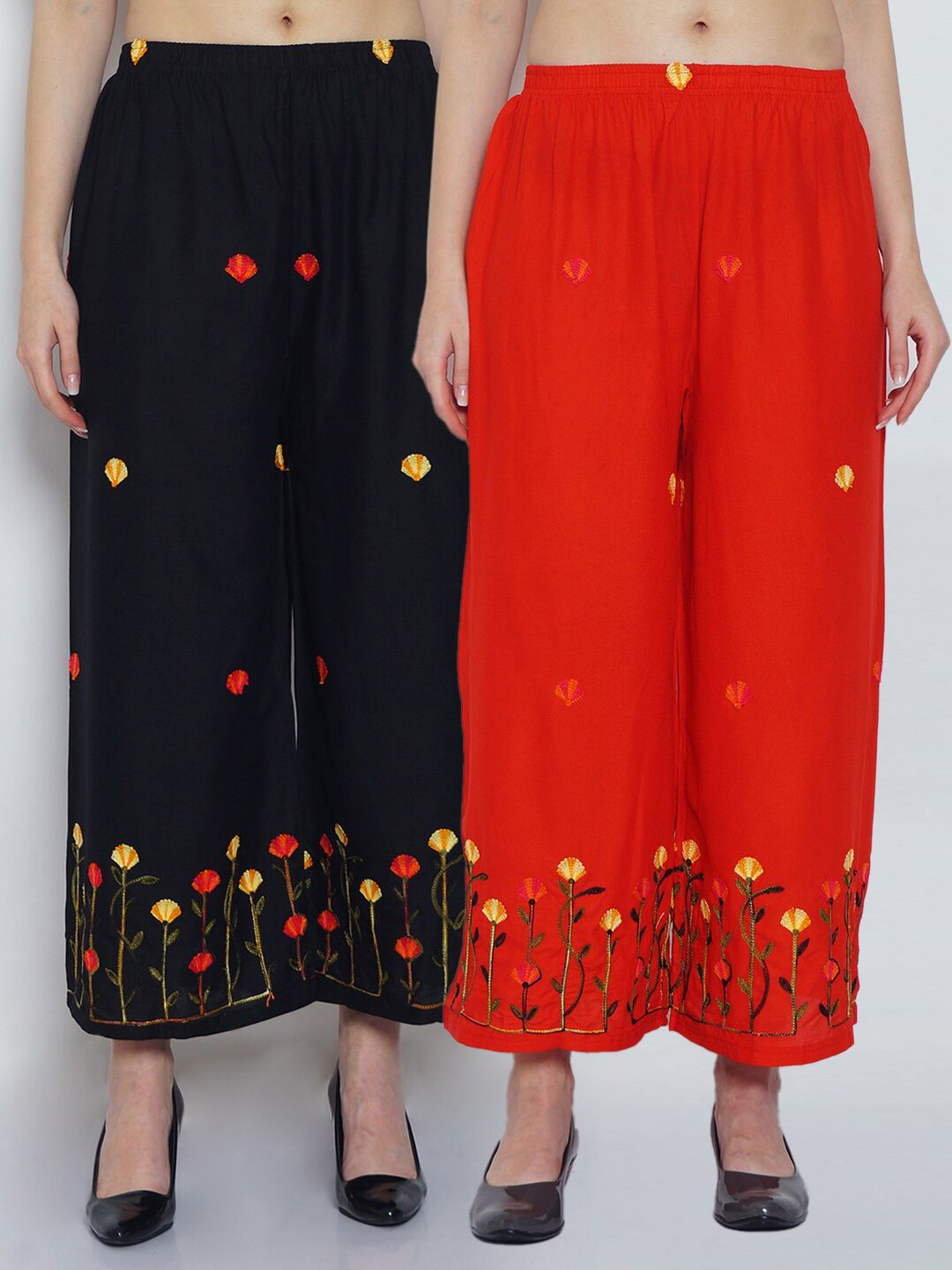 Jinfo Women Pack Of 2 Black & Red Embroidered Flared Palazzos Price in India