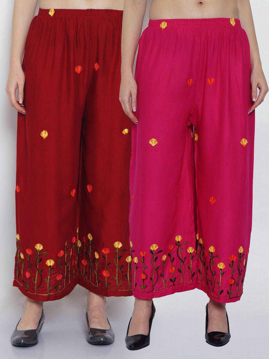 Jinfo Women Pack of 2 Floral Embroidered Flared Ethnic Palazzos Price in India