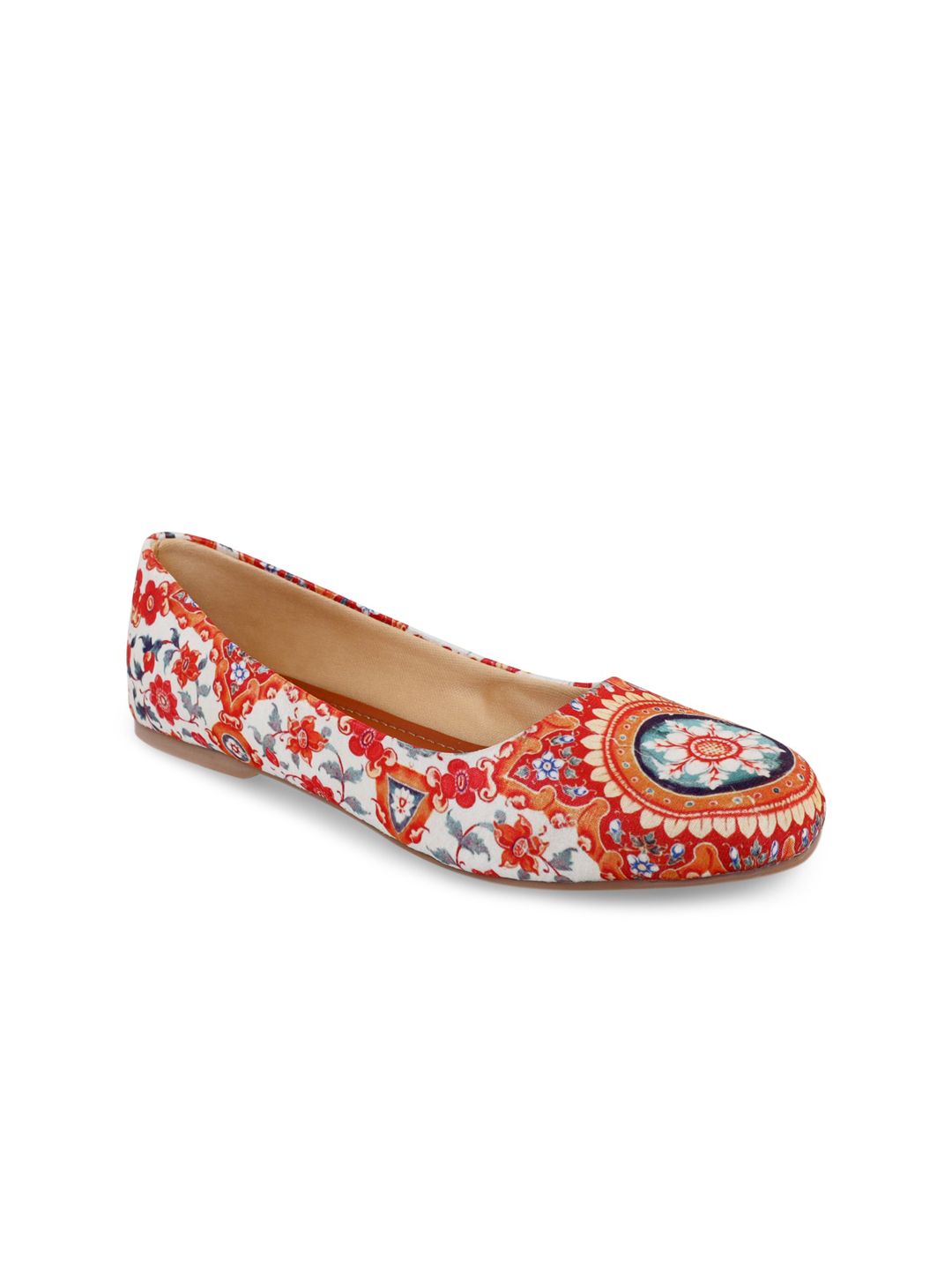 Kanvas Women Orange Floral Printed Fabric Ballerinas Flats