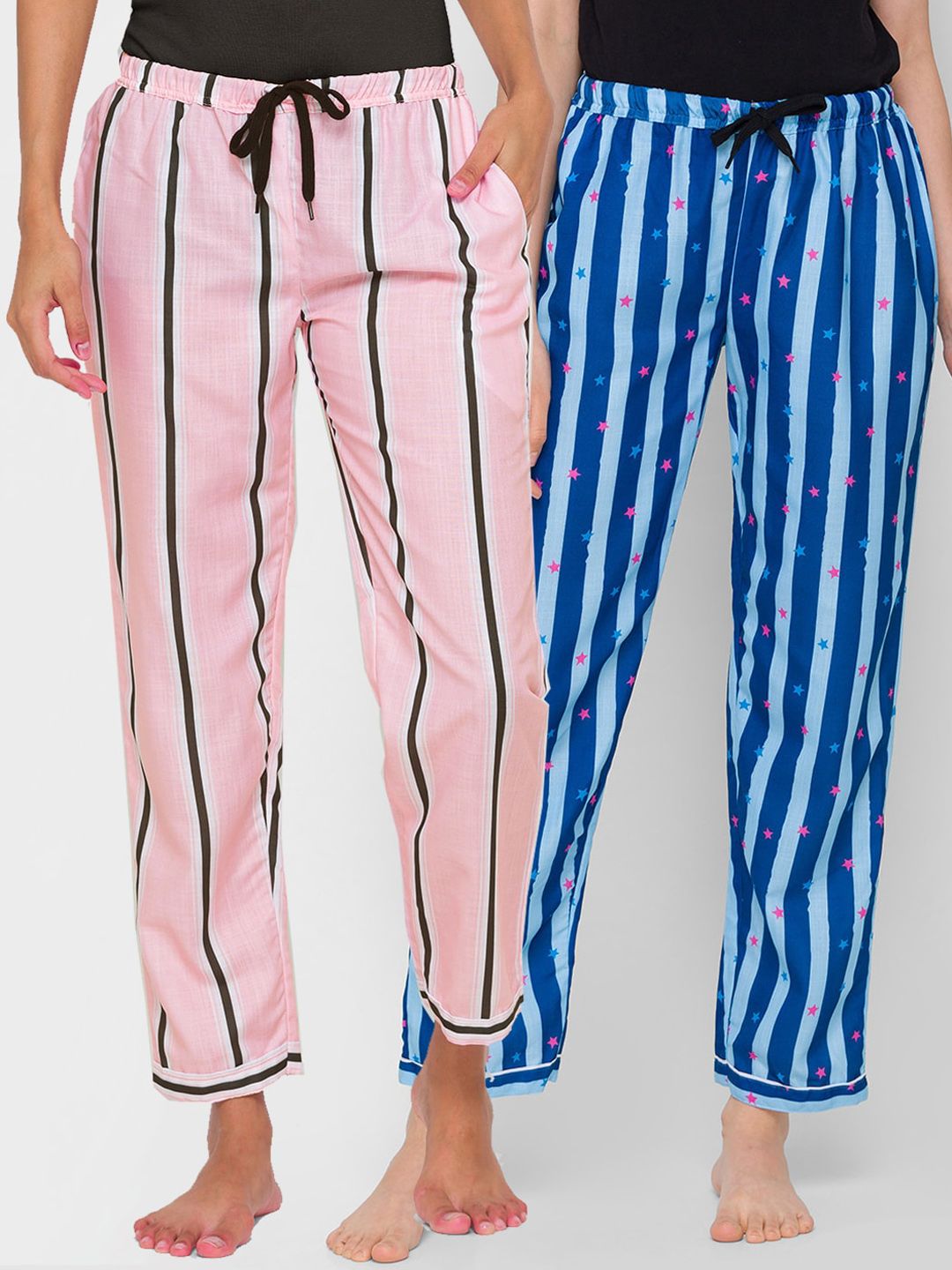 FashionRack Women Pink & Blue Set Of 2 Printed Cotton Lounge Pants Price in India