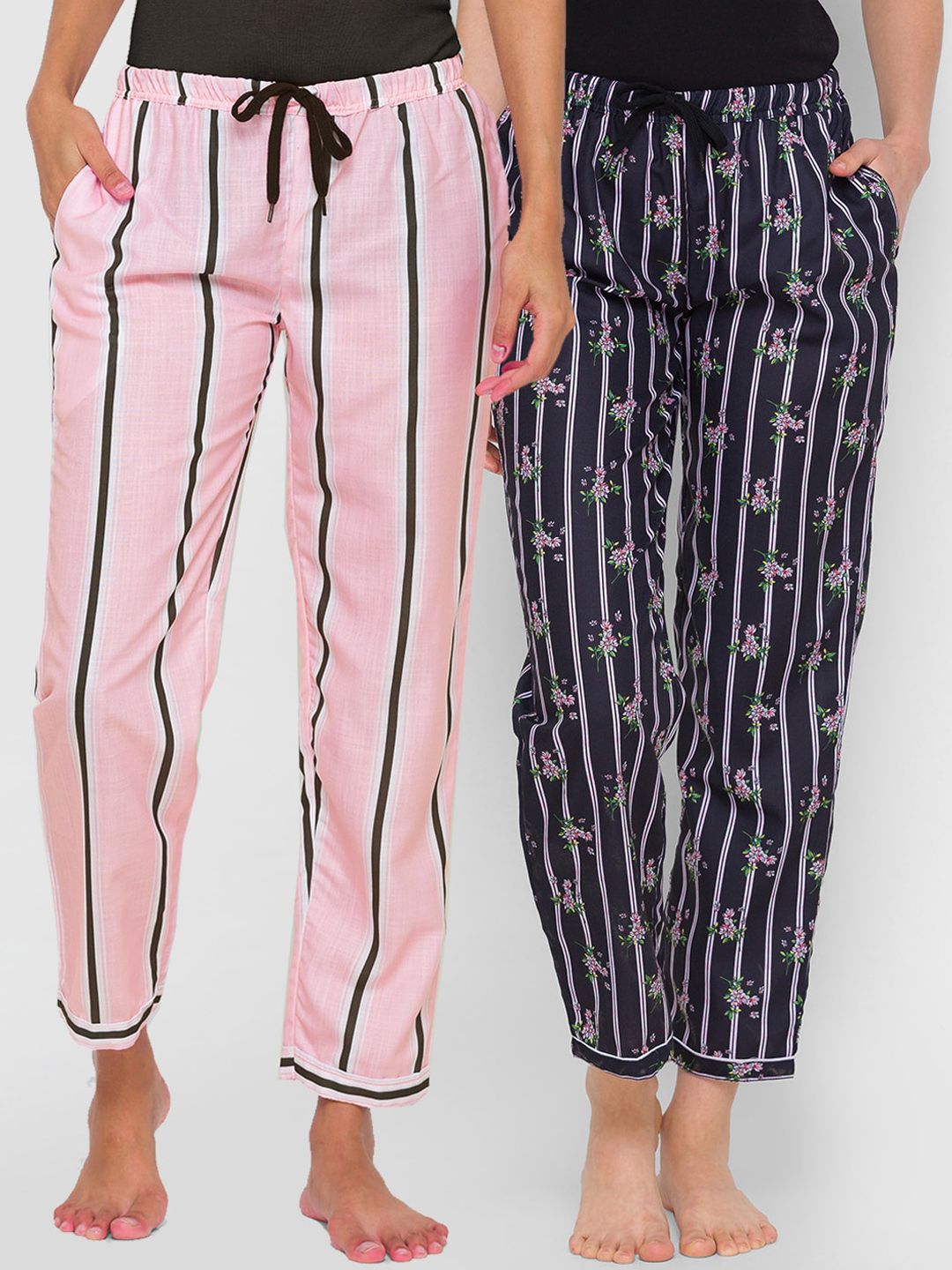 FashionRack Women Pink & Black Pack of 2 Cotton Lounge Pants Price in India