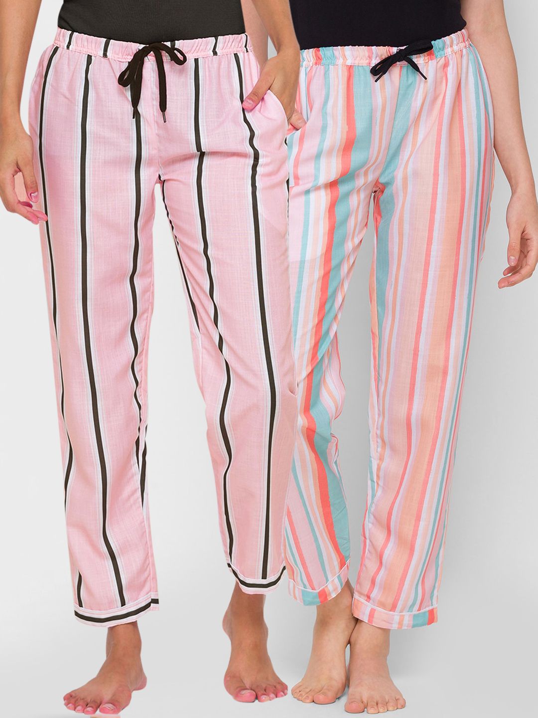 FashionRack Woman Pack of 2 Pink & Multicolour Striped Lounge Pants Price in India