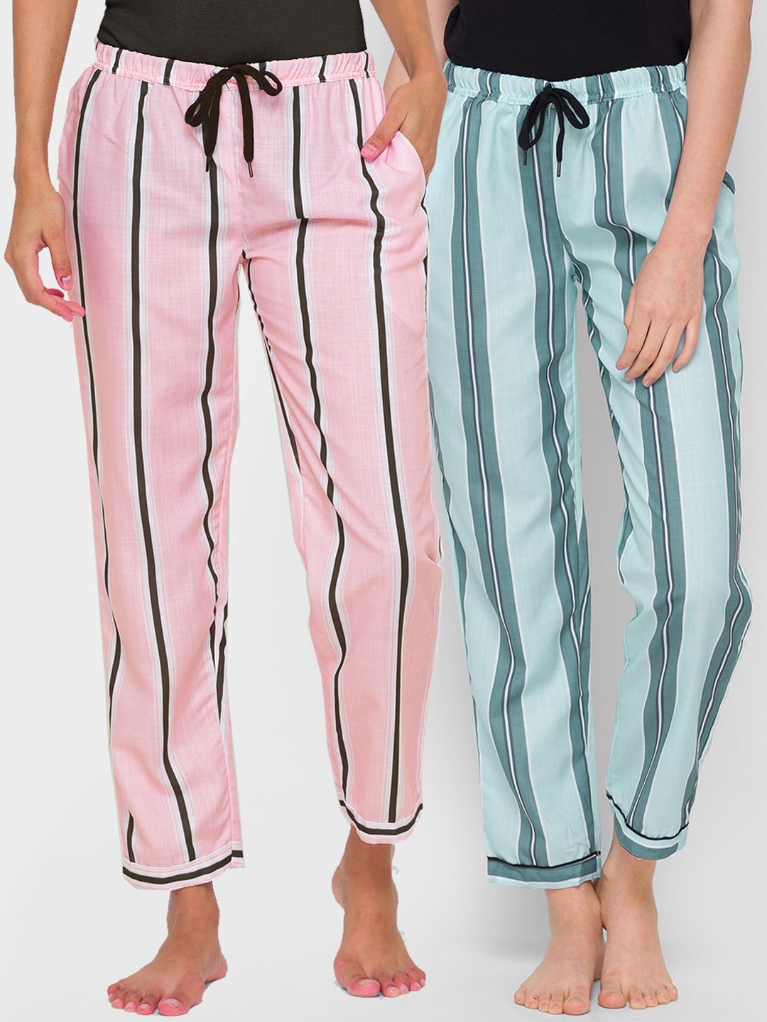 FashionRack Women Pack Of 2 Blue & Pink Striped Regular Fit Cotton Lounge Pants Price in India