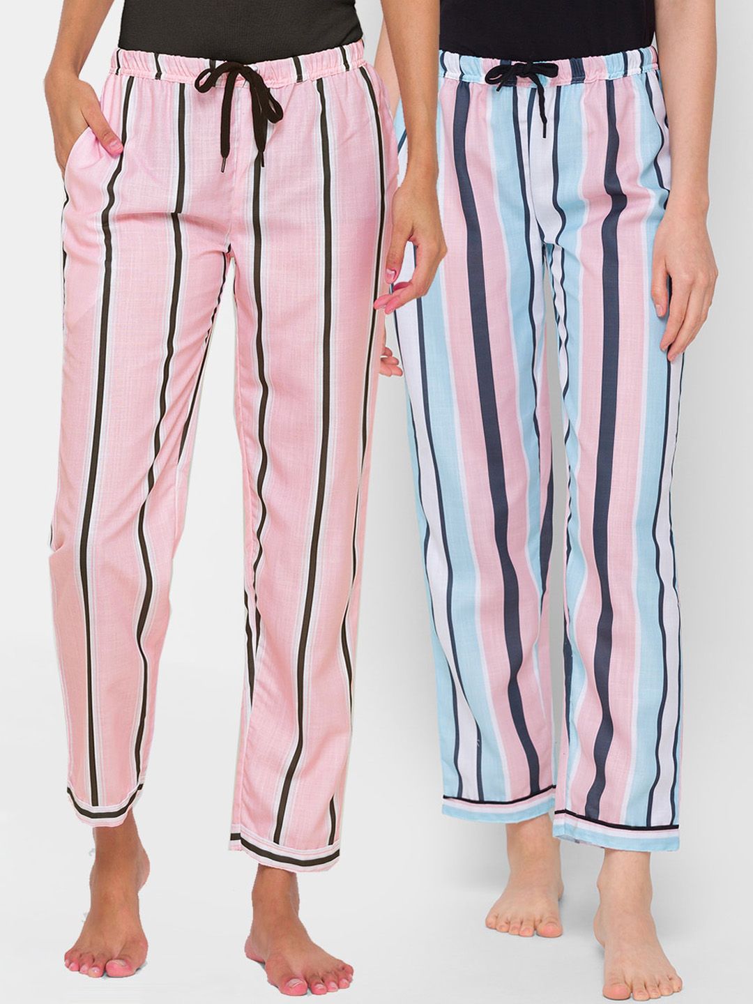 FashionRack Women Pack of 2 Pink & Orange Striped Mid Rise Cotton Lounge Pants Price in India