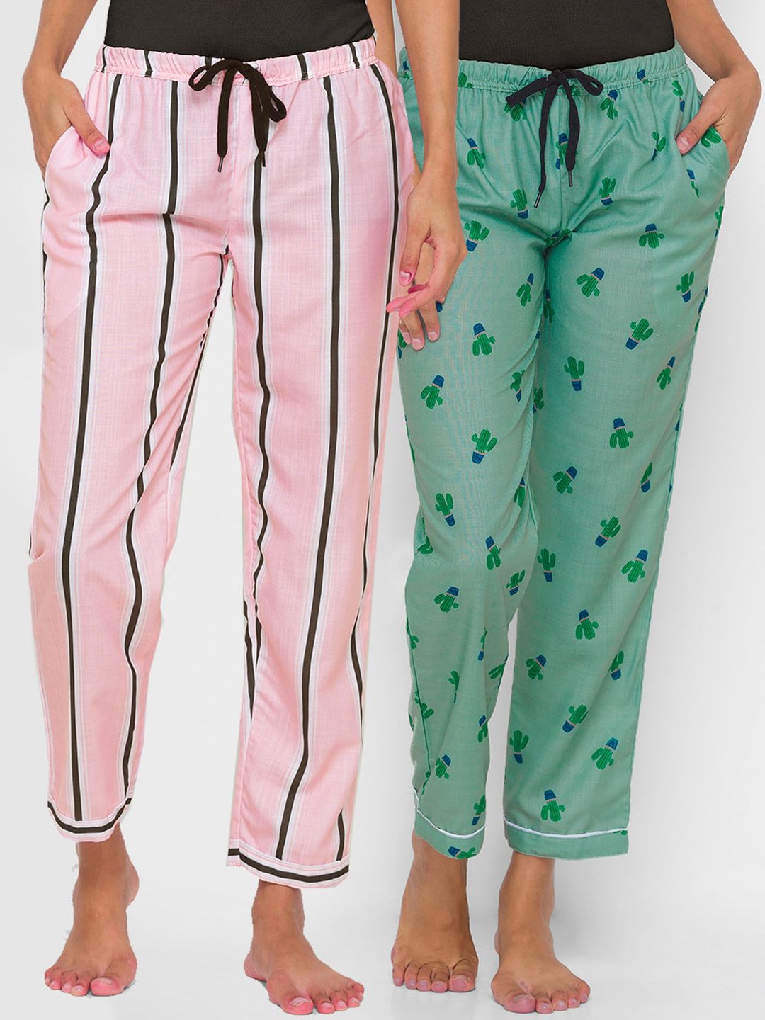 FashionRack Women Pink & Green Pack of 2 Cotton Lounge Pants Price in India