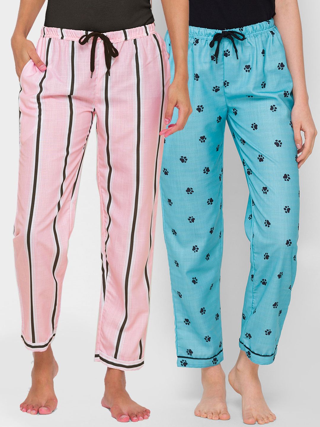 FashionRack Women Pack Of 2 Blue & Pink Striped Regular Fit Cotton Lounge Pants Price in India