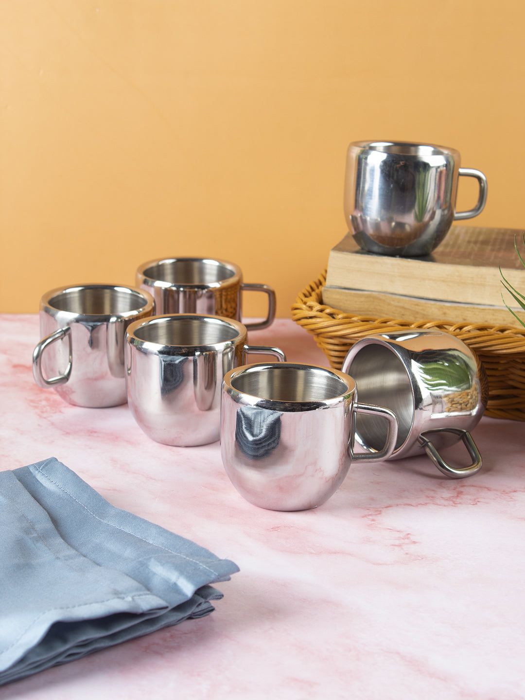MARKET99 Silver-Toned Solid Set Of 6 Stainless Steel Cups Price in India